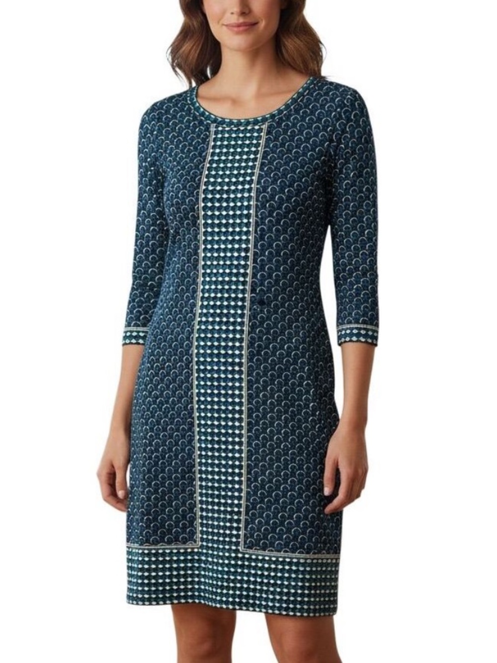 NWT MAX STUDIO Navy Blue Teal Geometric Print Long 3/4 Sleeve Shift Dress